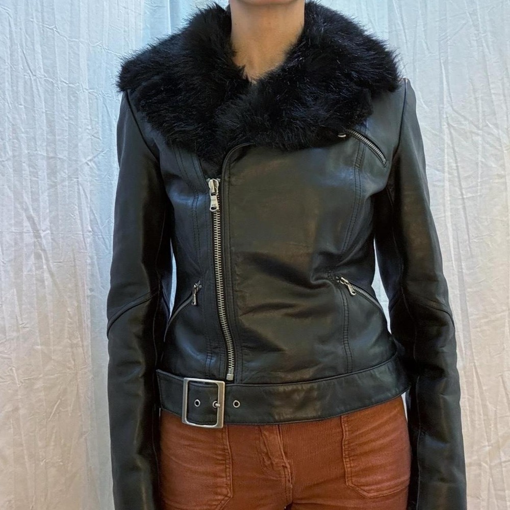 Black Leather Moto Jacket Removeable Fur Collar Express S/M VTG Y2K Goth Punk